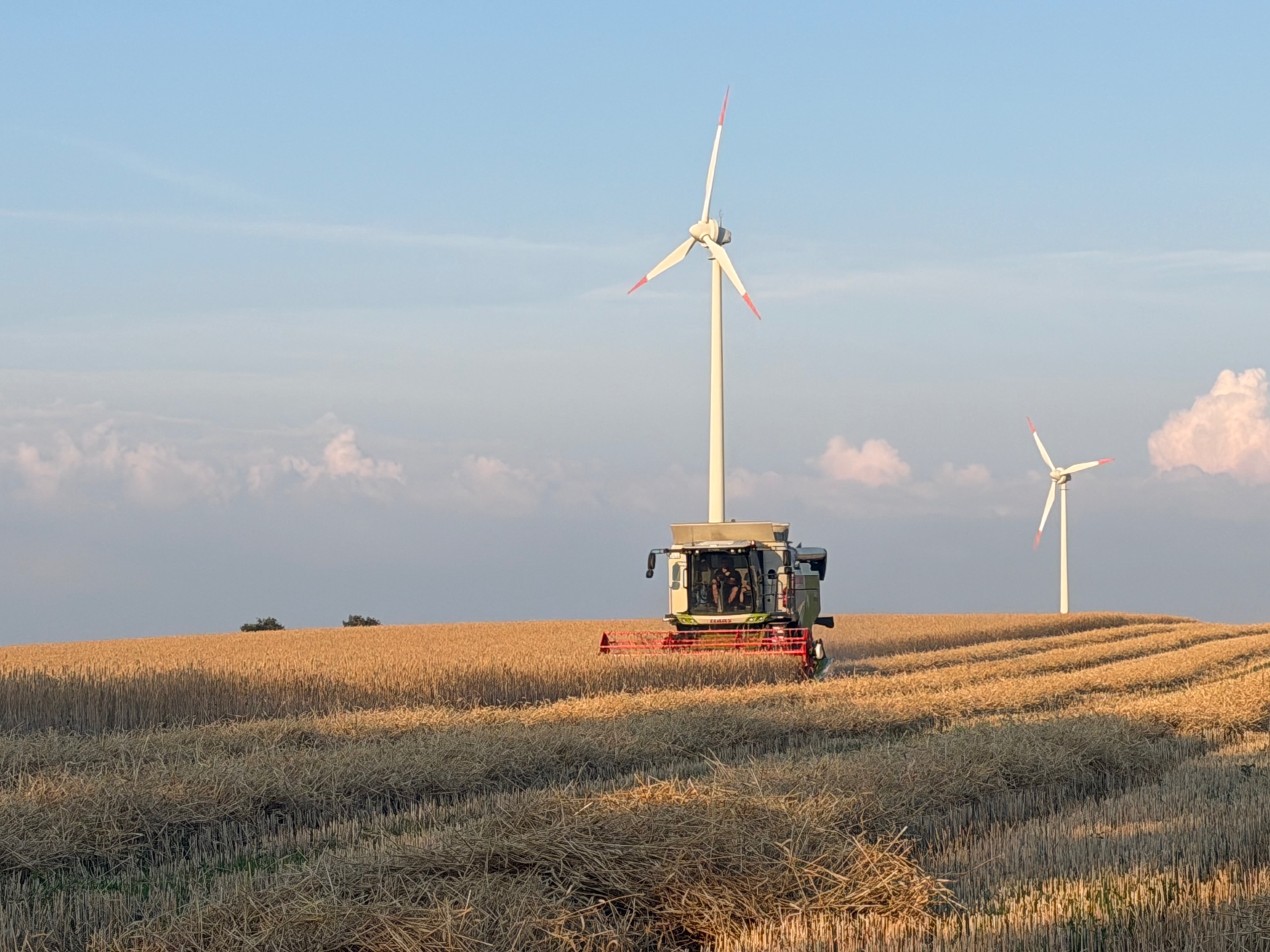 Claas Evion 430 beim Getreidedrusch vor Windpark